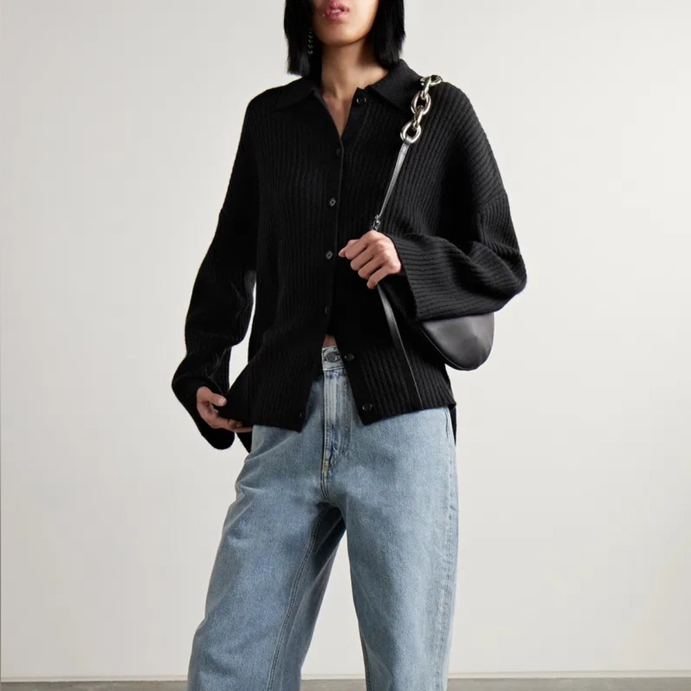 Black Ribbed Button-Up Cardigan reformation Fantino s